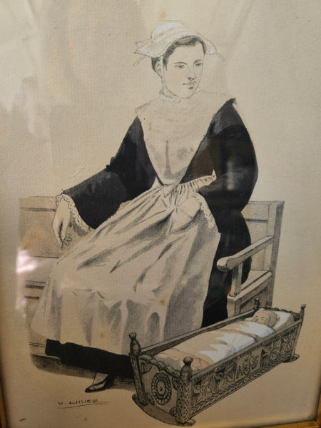 Vintage 1935 Victor Lhuer Breton Mother & Child Reproduction Picture