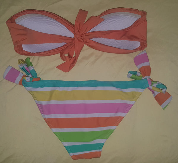 Women's H&M Size 12 Orange Top / Rainbow Striped Bottom Bikini Bathing Suit