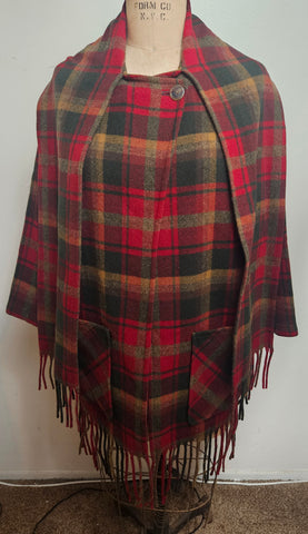 One Size Fits Most Women's Rare Vintage PENDLETON Red Multi-color Plaid 100% Virgin Wool Fringe Swing Over Coat Jacket w/ Scarf