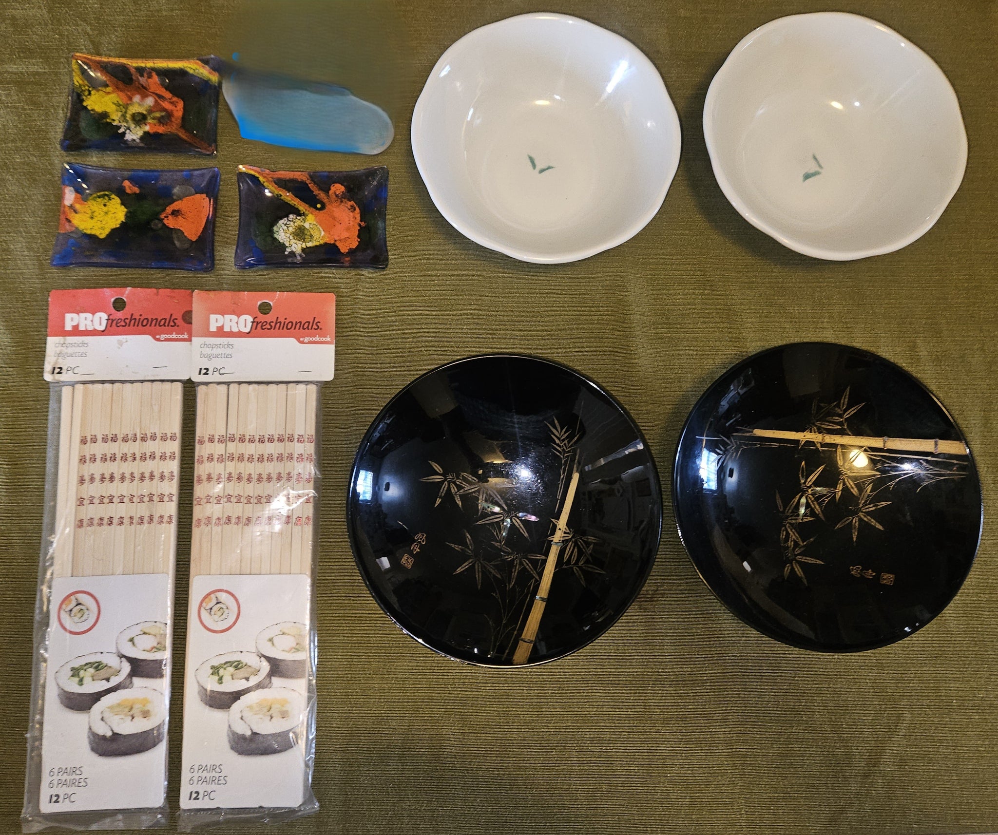 Lot of 9 Count Asian Theme Dishes, Cups & Accessories