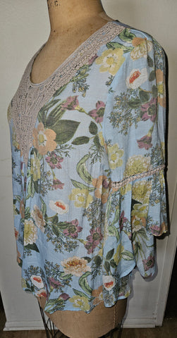 Large Brand New SPENSE Blue Floral Boho Embroidered Blouse