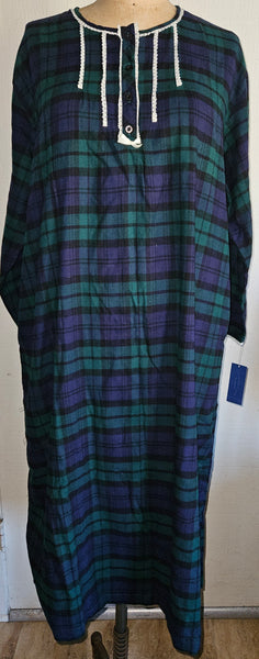 Brand New CHARTER CLUB Large Black Blue Green Plaid Long Sleeve Nightgown Cozy