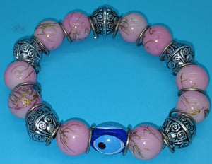 Pink, Silver & Blue Evil Eye Charm Stretch Bracelet