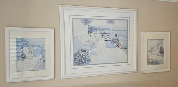 Set of 3 matching vintage framed and matted porch pictures coastal home wall decor