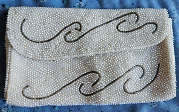 Vintage White Beaded Clutch Purse Swirl Design Elegant Evening Formal Bag