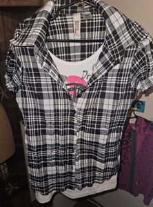 Large Size 10/12 Girls 2-in-1 Plaid & Peace Sign Graphic  Button Front Shirt