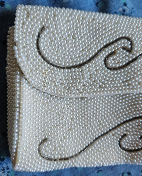 Vintage White Beaded Clutch Purse Swirl Design Elegant Evening Formal Bag