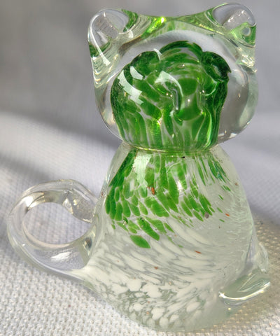 Green & Clear Blown Glass Speckled Cat Paperweight Figurine
