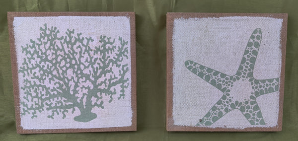 Set of 2 ~ Canvas White & Teal Coral & Starfish Wall Decor Hangings