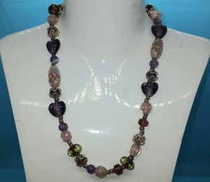 Handmade Pink, Purple, Floral, Silver & Gold Beaded Necklace