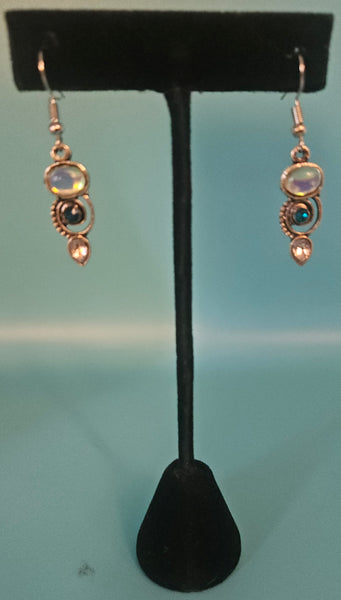 Brand New Iridesent, Green & Clear Gemstone Gold Dangling Earrings