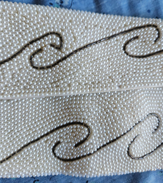 Vintage White Beaded Clutch Purse Swirl Design Elegant Evening Formal Bag