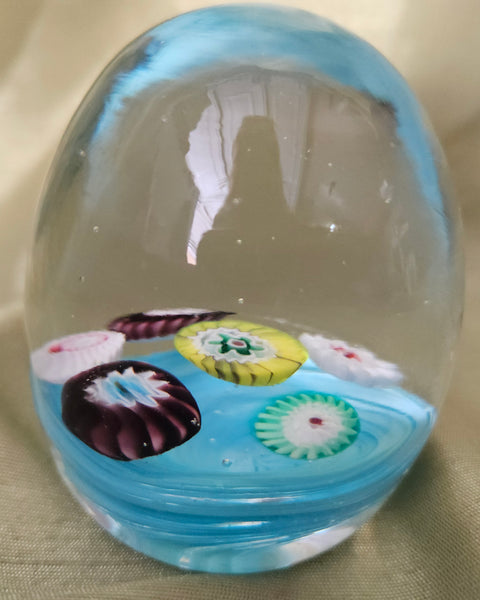 Vintage MCM Murano Glass Egg Shaped Blue Floral Paperweight Desk Decor Art Glass
