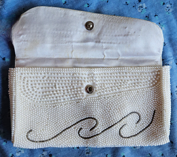 Vintage White Beaded Clutch Purse Swirl Design Elegant Evening Formal Bag