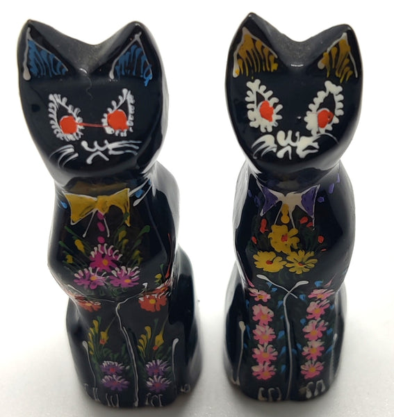 Set of Two Vintage Wood Hand Painted Floral Black Cat Figurine Statues