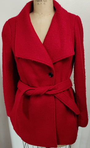 Size 14 Women's CALVIN KLEIN Red Wool Fully Lined Belted Jacket Coat