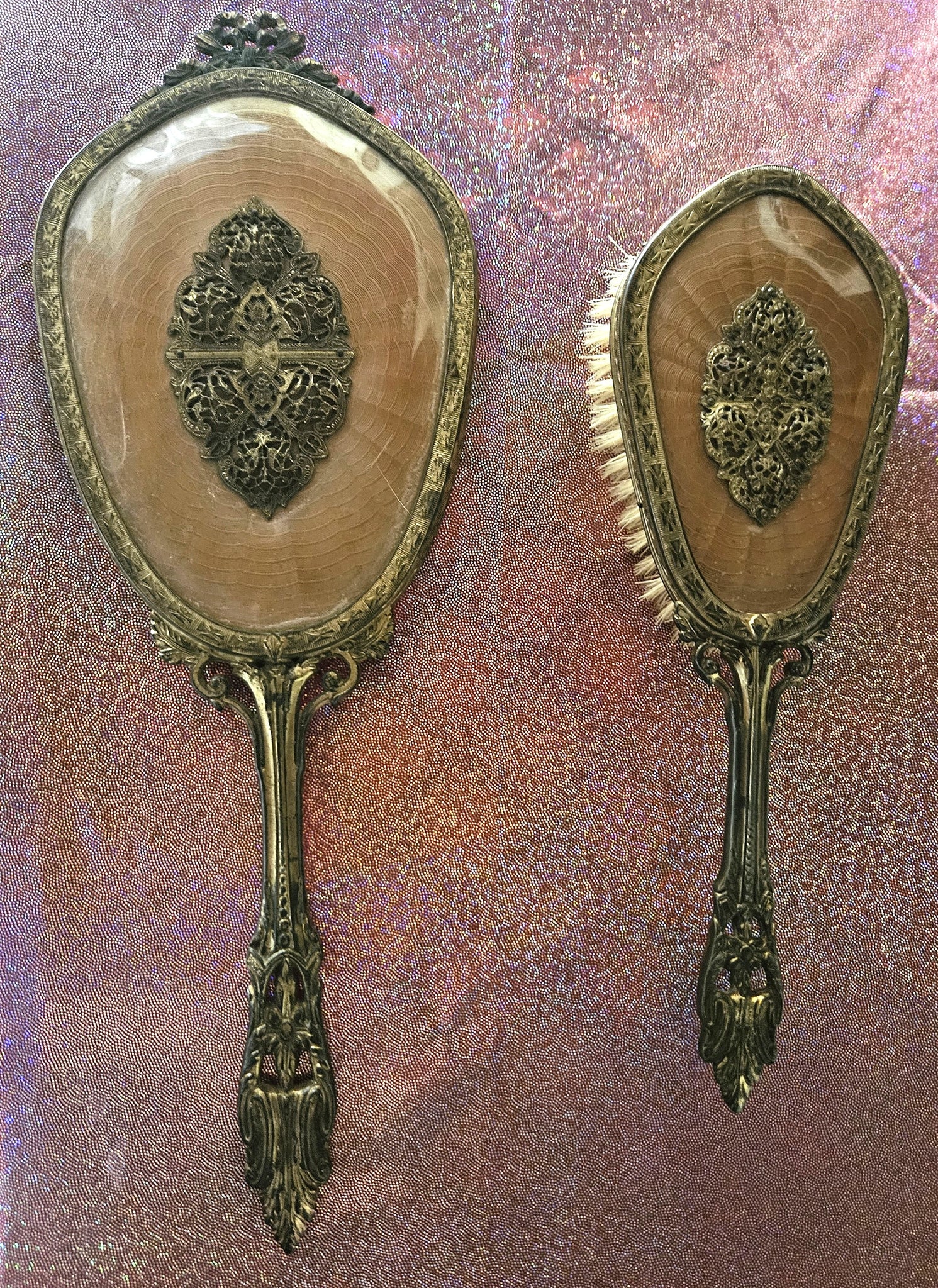 Vanity 2-Pc Vintage 24K Plated Hand Mirror & Brush Set