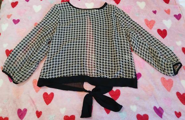 Large POETRY Black & Tan Checkered Sheer Blouse w/ Bow