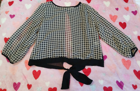 Large POETRY Black & Tan Checkered Sheer Blouse w/ Bow