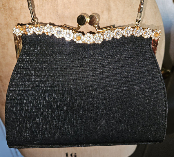 Black Rhinestone Trim Gold Kiss Lock Clasp Evening Bag Purse Formal Chic Elegant
