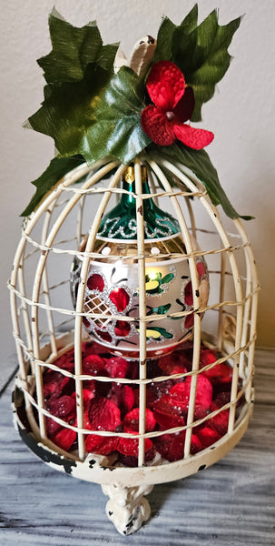 Red & Silver Hanging Ball Ornament Christmas Bird Cage