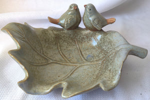 Vintage Pottery Art Leaf w/ Birds Candy Dish / Soap Dish / Trinket Dish