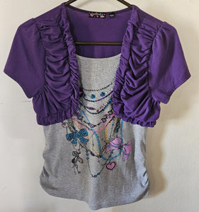 XL 18 1/2  TEMPTED GIRLS Gray & Purple Ruffled Blouse
