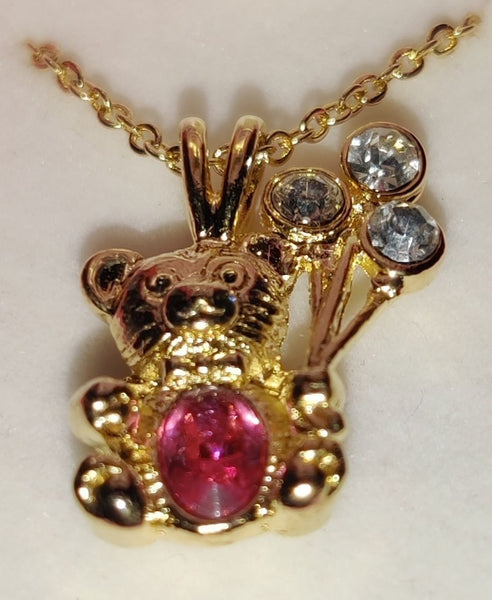 Brand New Rose Zircon Balloon Bear October Birthstone Charm Necklace with Velvet Bear Carrier (READ DETAILS)
