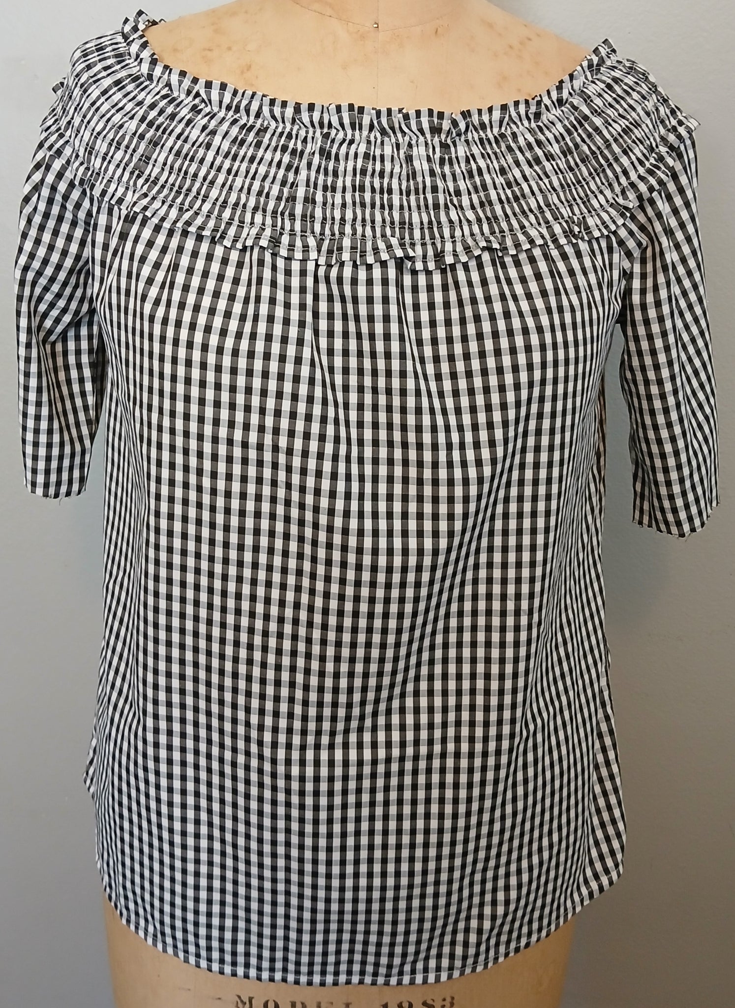 Large SONG OF STYLE Black & White Checkered Off The Shoulder Shirt
