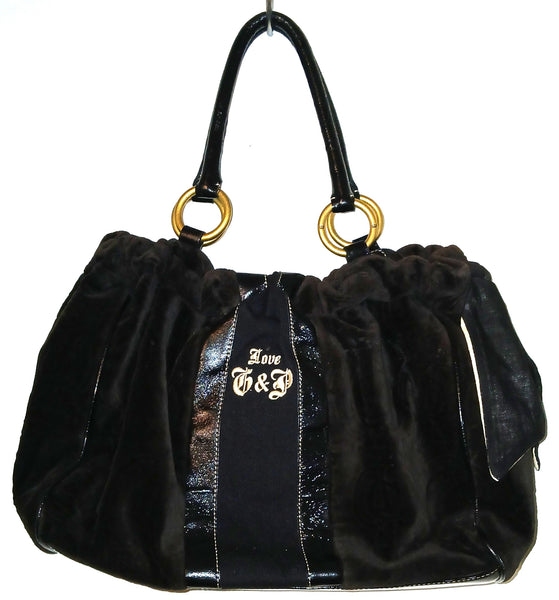 Juicy Couture Brown Velour Black Patent Leather Handbag Purse Stylish Y2K Fashion