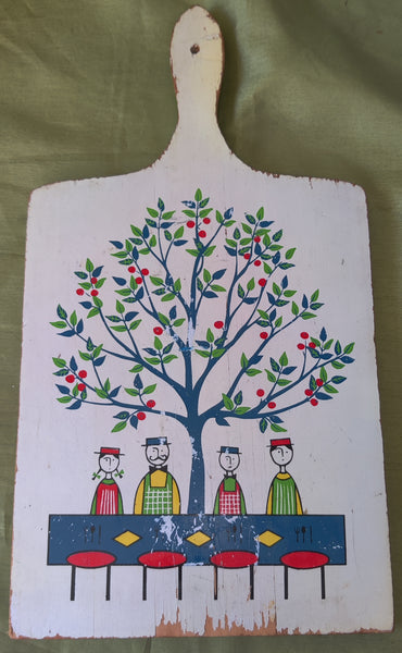 Vintage Folk Art Wood Cutting Board With Tree Design