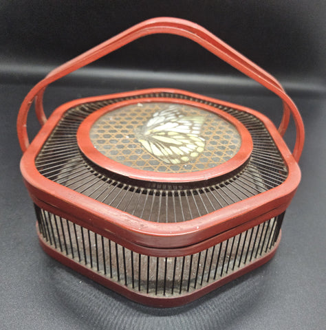 Vintage Bamboo Butterfly Cage Lidded Basket w/ Handle