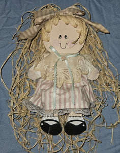 Vintage Straw Hair Wood Shelf Sitting Doll