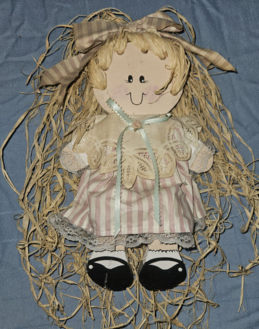 Vintage Straw Hair Wood Shelf Sitting Doll