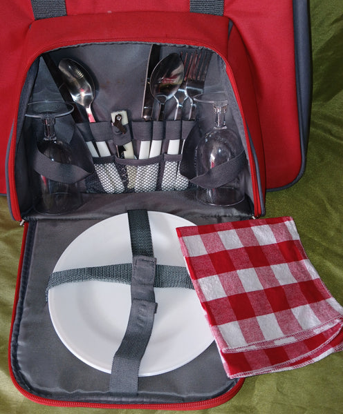 Red & Gray Cooler Picnic Bag w/ Dining Accessories