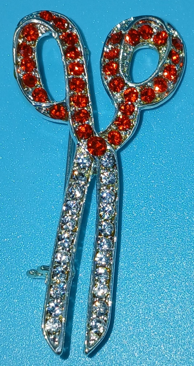 Brand New Red & Silver Rhinestone Scissors Brooch Pin