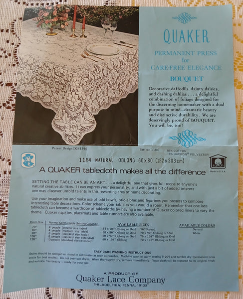 Brand New Vintage Quaker Lace 60x80 Natural Oblong Tablecloth Floral Pattern Decor