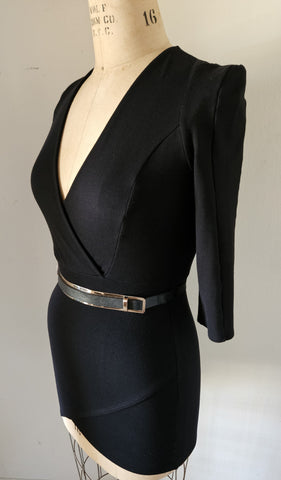 Large FOREIGN CHANGE Black Bodycon Dress w/ Gold Belt