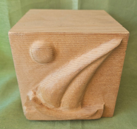 Vintage Wood Block w/ Protruding Sailboat Carving