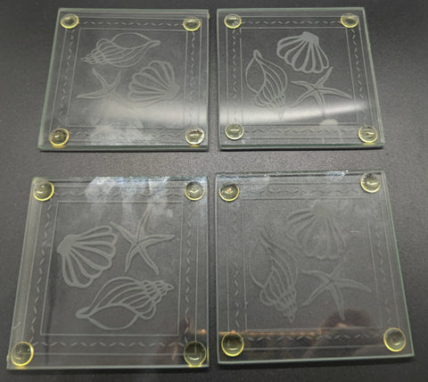 Set Of 4 Clear Glass Seashell Coasters