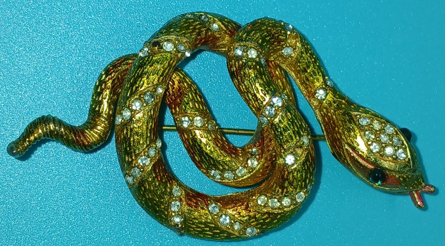 Vintage Gold, Hint of Red & Rhinestone Snake Brooch