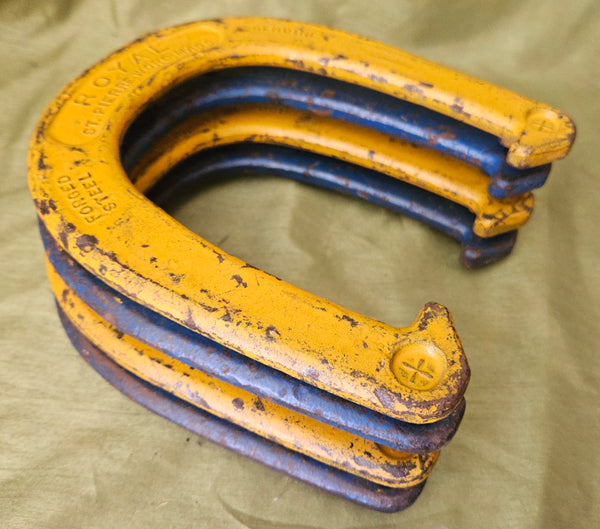 Set of 4 Vintage ROYAL ST. PIERRE Blue & Yellow Forged Steel Horseshoes
