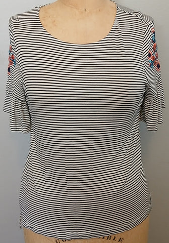 Medium Brand New ISELA Black & White Stripped Blouse w/ Floral Embroidery