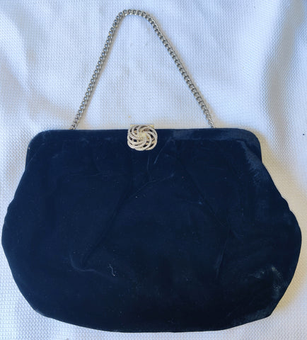 Black Vintage Velvet Clutch Purse w/ Rhinestone Closure