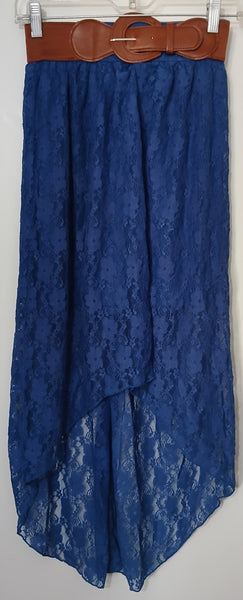 No Boundaries XS Blue Lace High-Low Skirt Brown Belt Western Boho Style Chic