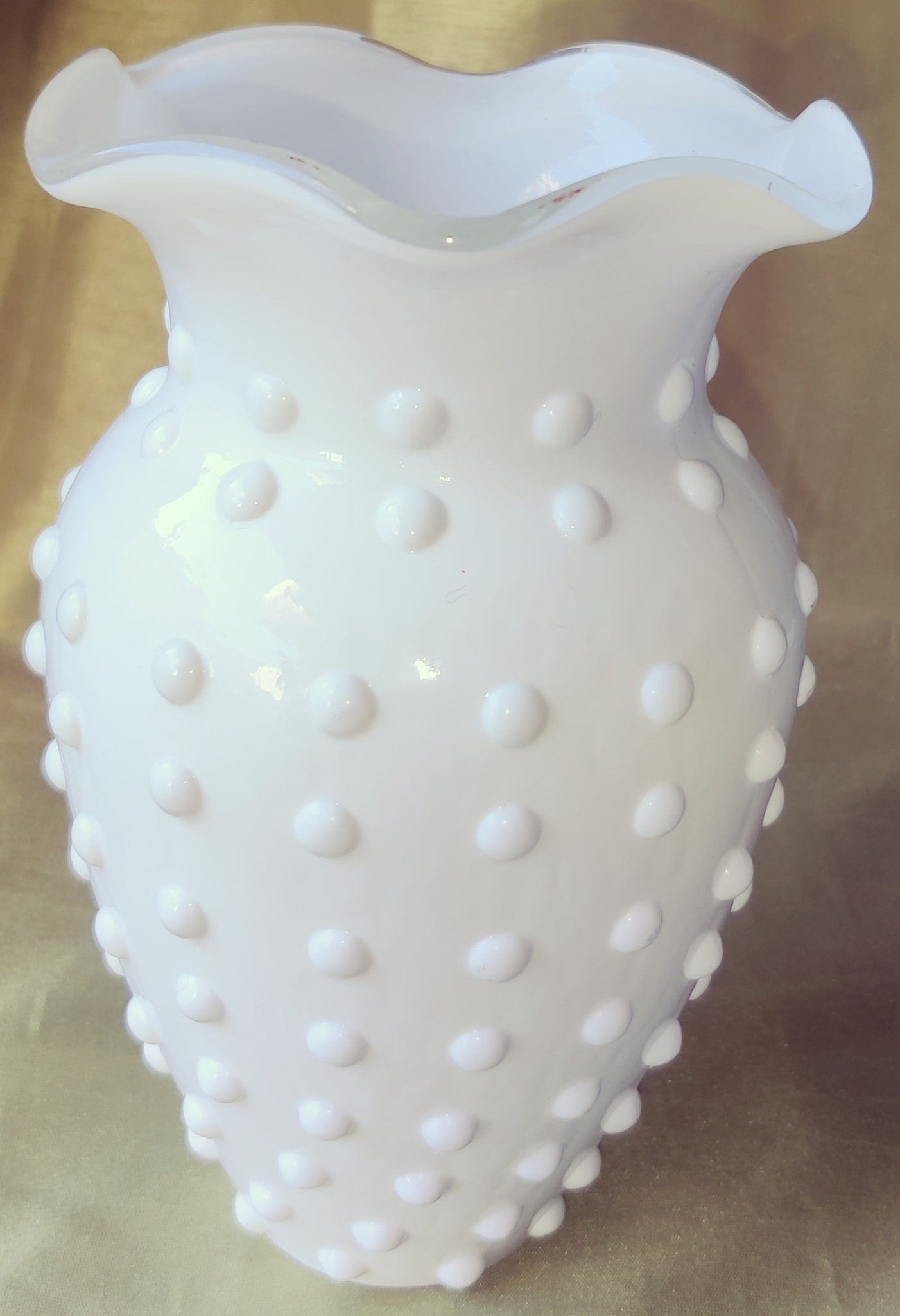 Vintage FENTON Milk Glass Overlay Fluted Edge Hobnail Vase