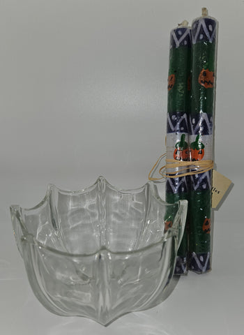 Halloween Table Decor ~ Set of Two Brand New Kapula Candles & Vintage MCM Glass Web Candy Dish