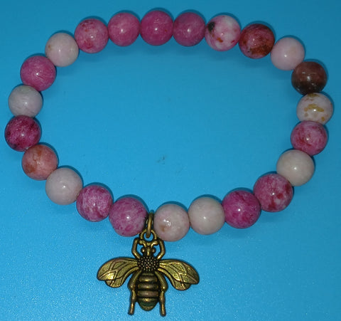 Pink Beaded Gold Bee Charm Stretch Bracelet