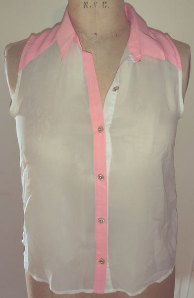 Medium Neon Orange & White Sheer Sleeveless Blouse