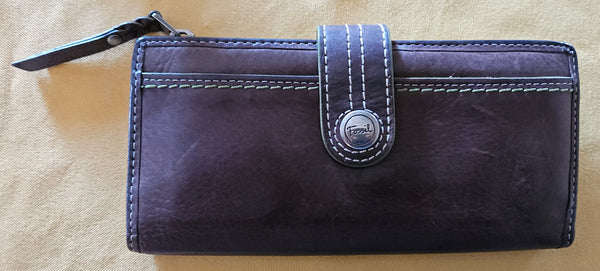 FOSSIL Brown Leather Full Size Wallet w/ Green Stitching